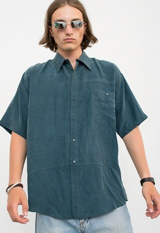 DARK BLUE SILK MEN'S SHORT SLEEVED SHIRT