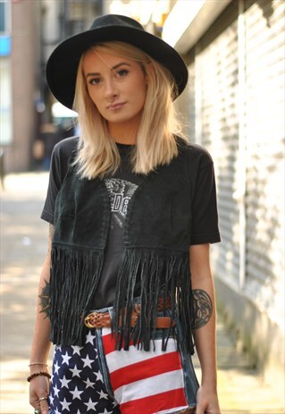 VINTAGE 80S SUEDE LEATHER FRINGED FESTIVAL WAISTCOAT