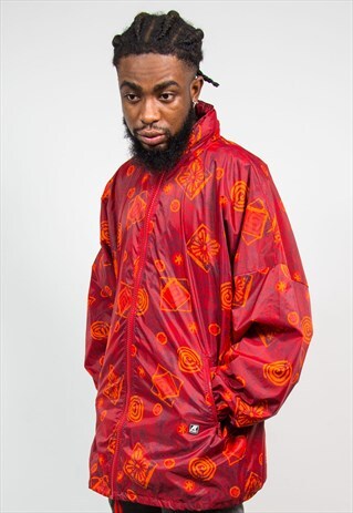K-WAY 90'S RED ABSTRACT WATERPROOF JACKET CAGOULE
