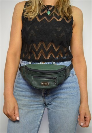 VINTAGE 90S GREEN LEATHER BUM BAG FANNY PACK GRUNGE RETRO
