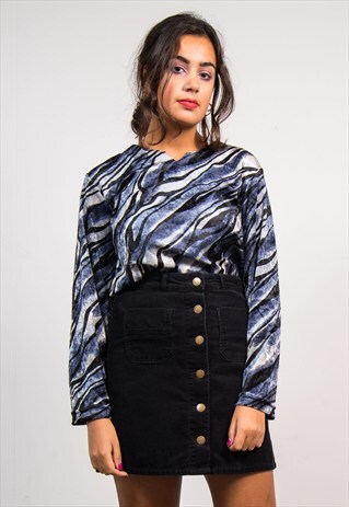 VINTAGE 90'S Y2K BLUE PATTERNED LONG SLEEVE VELVET TOP