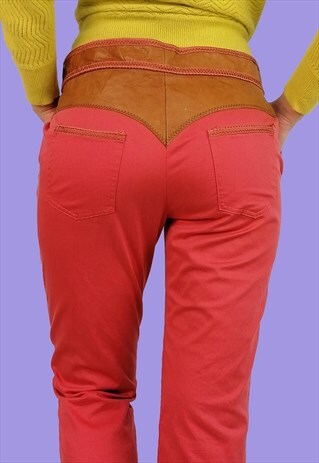 VINTAGE 90'S LEATHER AND COTTON BOOT-CUT TROUSERS PINK