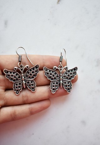 DANGLING BUTTERFLY EARRINGS, SILVER METAL BUTTERFLY EARRINGS