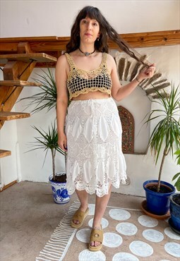 Vintage Crochet Bohemian White Midi Skirt - S/M
