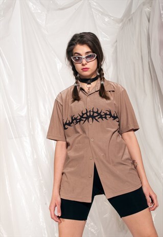 VINTAGE RAVE SHIRT Y2K BEIGE TATTOO PRINTED TOP