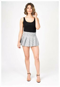 Black Check Pleated High Waist Skater A-Line Short Skirt