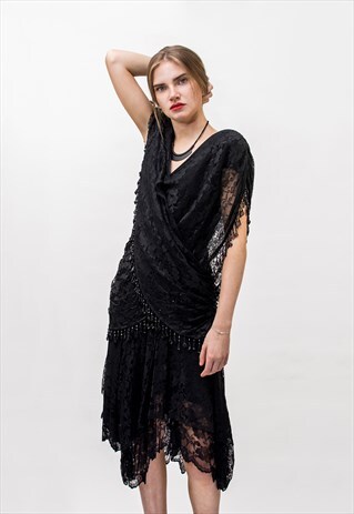 VINTAGE 1980'S BLACK LACE BEAD DRESS
