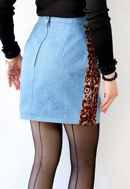 90s Denim and Leopard Skirt Vintage Mini Skirt