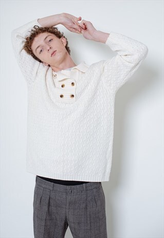 VINTAGE HALF BUTTON UP MEN SWEATER IN WHITE CREAM KNIT M/L