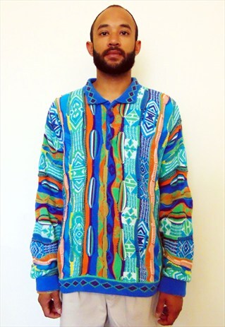 COOGI STYLE 90S LUXURY PATTERN CHUNKY KNIT JUMPER POLO LARGE