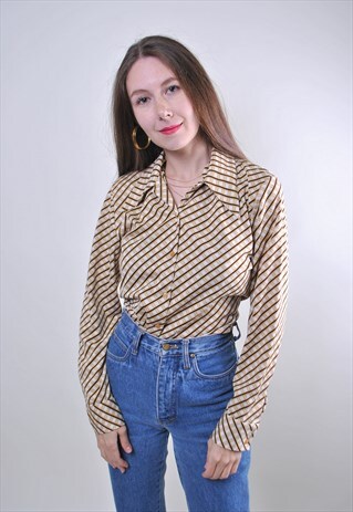 VINTAGE 80S BEIGE WOMAN PLAID EVENING LONG SLEEVE BLOUSE