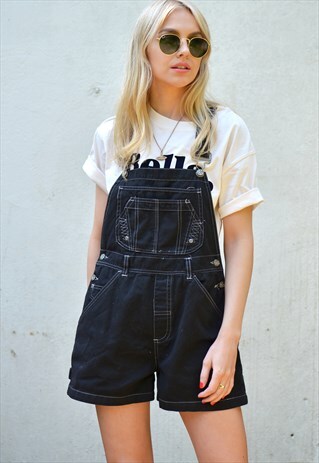 VINTAGE 90S BLACK DENIM SHORT DUNGAREES