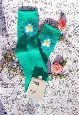 Green Floral Circle Text Skater Style Socks