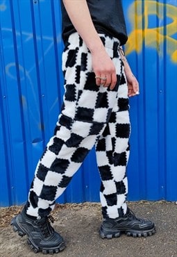 Check fleece jogger detachable handmade chess overalls black