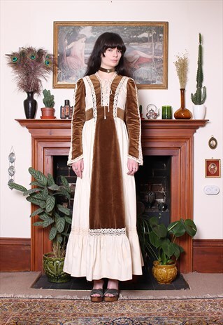VINTAGE 70S GUNNE SAX BROWN VELVET LACE PRAIRIE MAXI DRESS