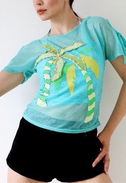 Vintage Mesh Top Drawstring Details Tropical 90s T-shirt