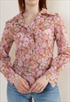 VINTAGE 70S ARROW COLLAR FITTED LONG SLEEVE FLORAL BLOUSE S