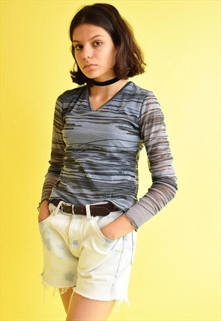 90'S RETRO KITSCH BOHO PRINT SHEER MESH BLOUSE TOP