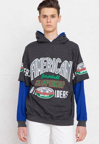 VINTAGE GREY BLUE HOODIE SWEATSHIRT