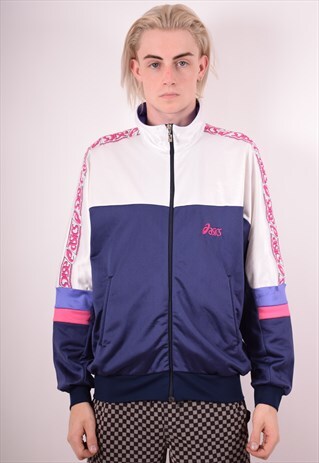 ASICS MENS VINTAGE TRACKSUIT TOP JACKET LARGE BLUE 90S