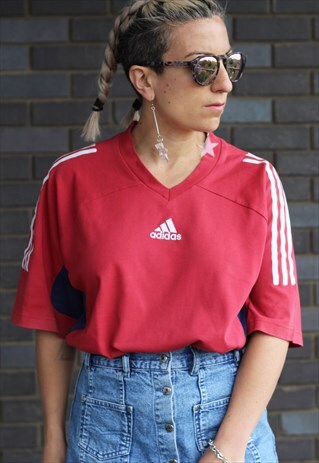 VINTAGE 1990S ADIDAS RED 3 STRIPE OVERSIZED T SHIRT