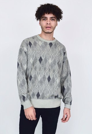 VINTAGE 90'S GREY DIAMOND PRINTED KNITTED JUMPER
