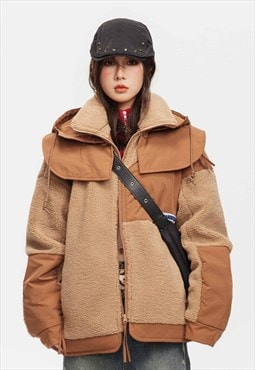 Mountain fleece bomber skiing style puffer jacket in brown 