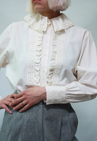 VINTAGE 80' UNIQUE ELEGANT CREAM SHIRT WITH BEAUTIFUL COLLAR