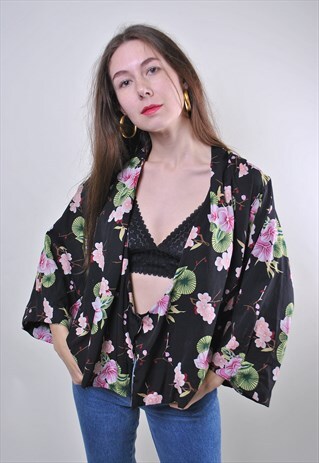 VINTAGE WOMAN BLACK FLOWERS PRINT PARTY VOCATION BLOUSE