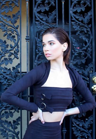 FAUX SUEDE TUBE TOP WITH D-RING TRIM IN BLACK