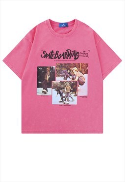Skater print t-shirt retro poster tee skateboarding top pink
