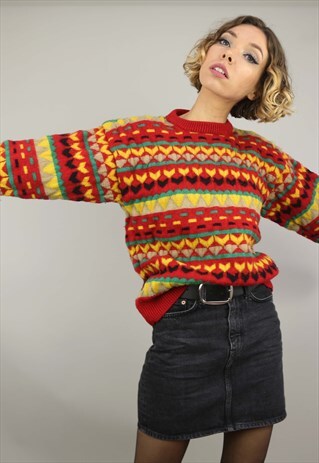 VINTAGE 80S 90S OVERSIZED PATTERNED KNIT JUMPER WOOL