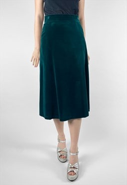 70's Vintage Emerald Green Ladies A Line Velvet Midi Skirt