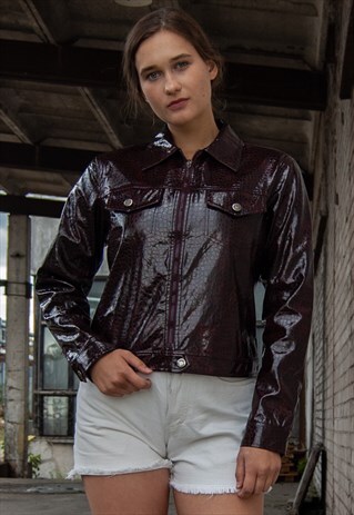 VINTAGE RETRO BURGUNDY FAUX LEATHER CROP JACKET