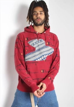 Vintage Champion Reworked Coogi Style Detail Hoodie Red