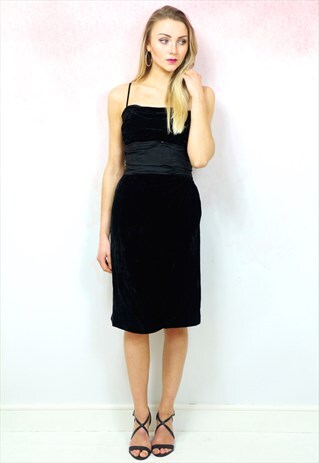 1990S VINTAGE JET BLACK VELVETEEN MIDI CAMI DRESS