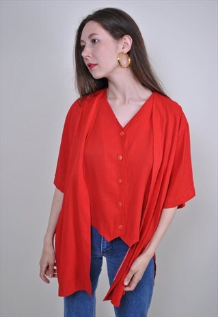 80S RED SHORT SLEEVE DOBLE BLOUSE FOR WORK, SIZE L