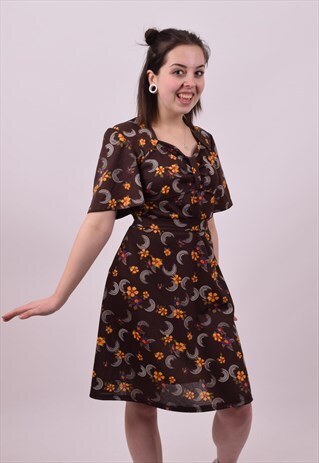 VINTAGE 70'S BROWN CRAZY PRINT A LINE DRESS SIZE 12 14 16