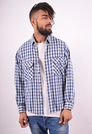 MENS VINTAGE FLANNEL SHIRT MEDIUM BLUE CHECK 90'S