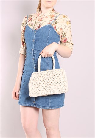 VINTAGE 60S CREAM WOVEN KELLY BOX HANDBAG