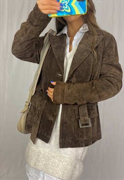 Vintage y2k faux suede riding jacket in brown. 
