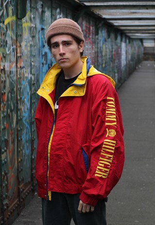 VINTAGE 90S TOMMY HILFIGER WINDBREAKER JACKET RED AND YELLOW
