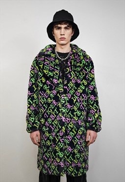 Graffiti fleece coat long neon pattern trench rabbit jacket