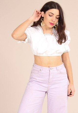 VINTAGE 70S WHITE CROP TOP WITH PUFF SLEEVES