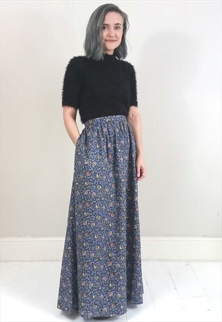 VINTAGE 80'S BLUE FLORAL PRINT MAXI SKIRT W/ POCKET
