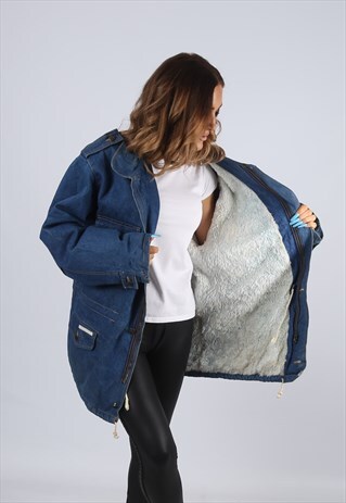 VINTAGE SHERPA DENIM JACKET OVERSIZED LONGLINE UK 16 (J2G)