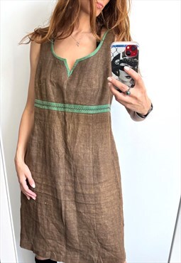 Brown Linen Country Shift Apron Dress Large