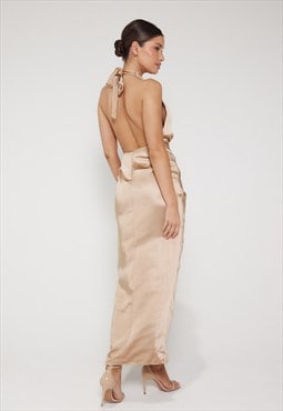 Amber Halter Neck Wrap Midi Dress - Champagne