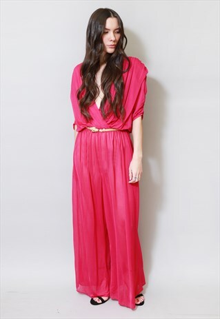 VINTAGE 1970'S STUNNING PINK PLUNGE NECK WIDE LEG JUMPSUIT