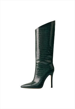 Green Stone Pattern High Heel Mid-Calf Boots